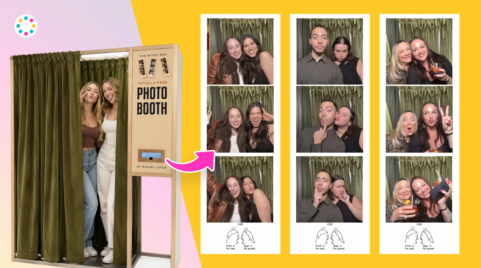 Marine Layer Branded Photostrips and In-Store Photo Booth Experience Marine Layer customers using the in-store photo booth alongside multiple custom branded photostrip outputs