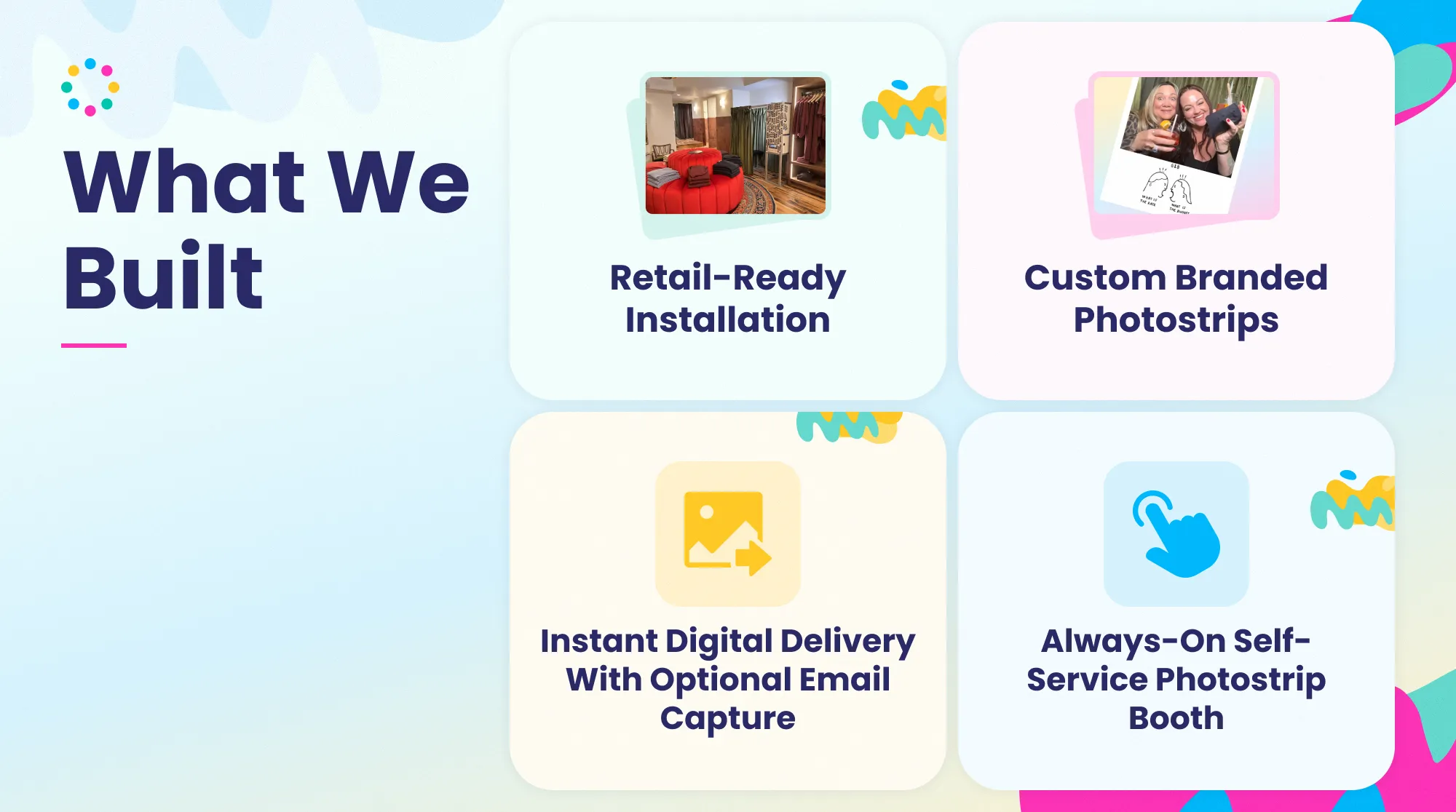 Marine Layer Custom Retail Photo Booth Experience Infographic showing Marine Layer's custom retail photo booth with self-service operation, branded photostrips, digital delivery, and retail-ready installation