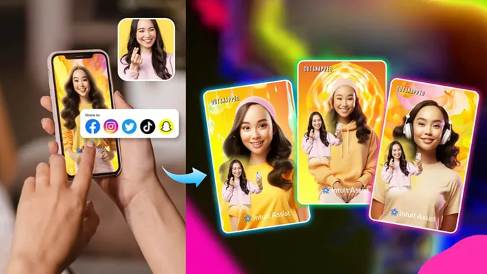 Smartphone selfie transforming into colorful branded social media cards