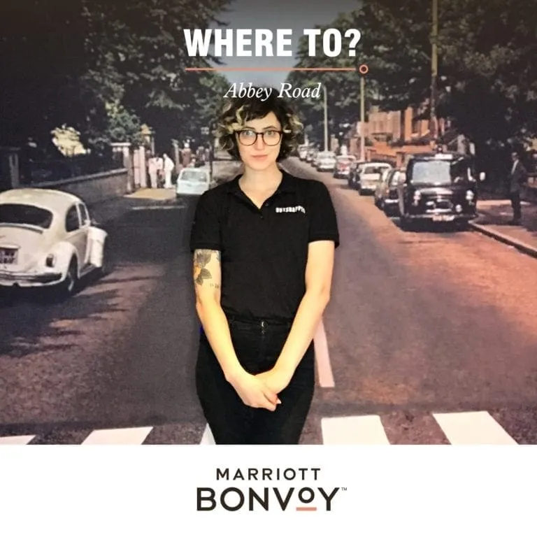 Marriott Bonvoy Abbey Road Destination Photo Booth Marriott Bonvoy photo booth experience with Abbey Road vintage street backdrop recreation