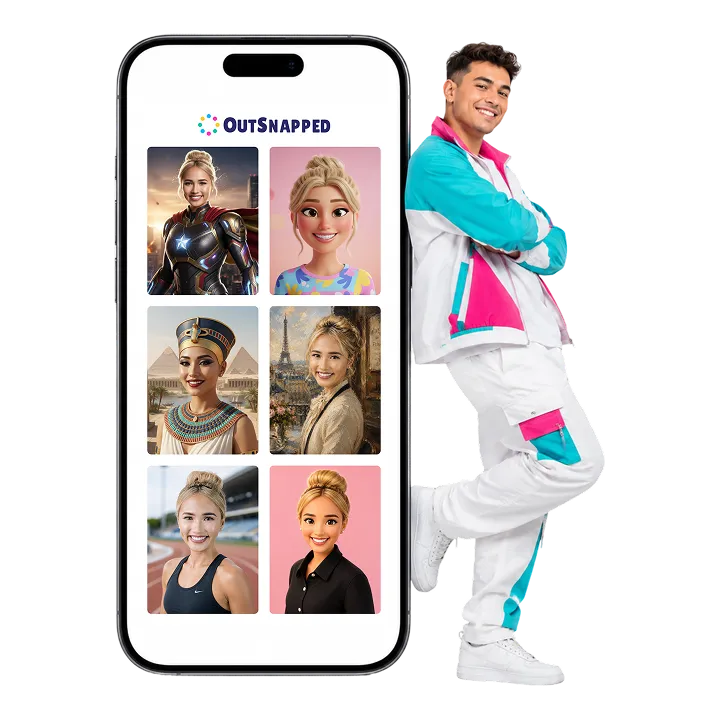 AI Headshot Generator App OutSnapped app interface displaying AI-generated headshot variations on a smartphone screen