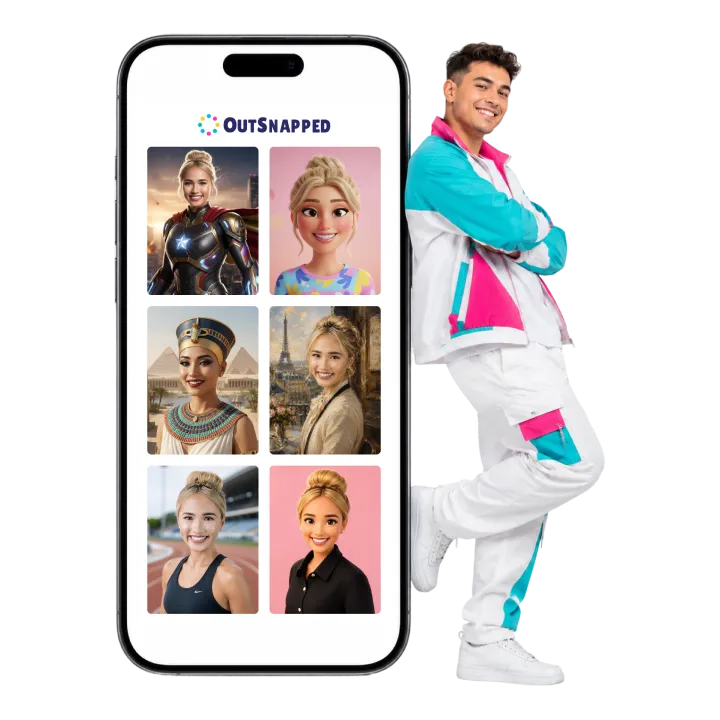 Mobile-First Photo Booth App Smartphone showing a grid of AI-generated portraits in the OutSnapped app next to a smiling man in a tracksuit