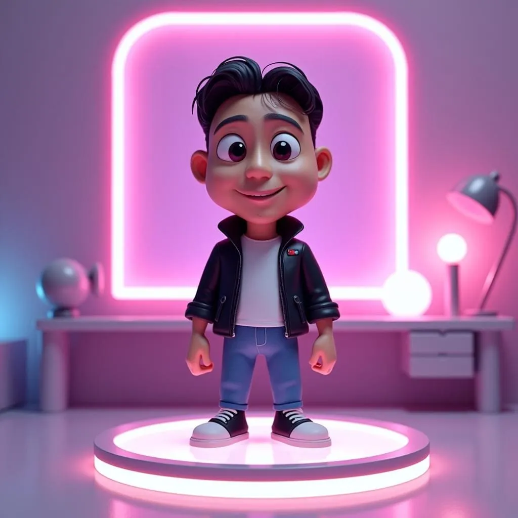 Modern Branded Character – Contemporary Identity 3D stylized character in black jacket and blue jeans standing on illuminated platform with neon pink frame