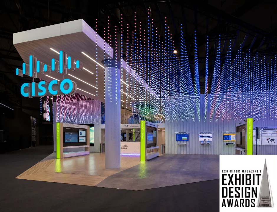 Professional Booth Design With Integrated Technology Modern trade show booth with geometric LED canopy and interactive displays