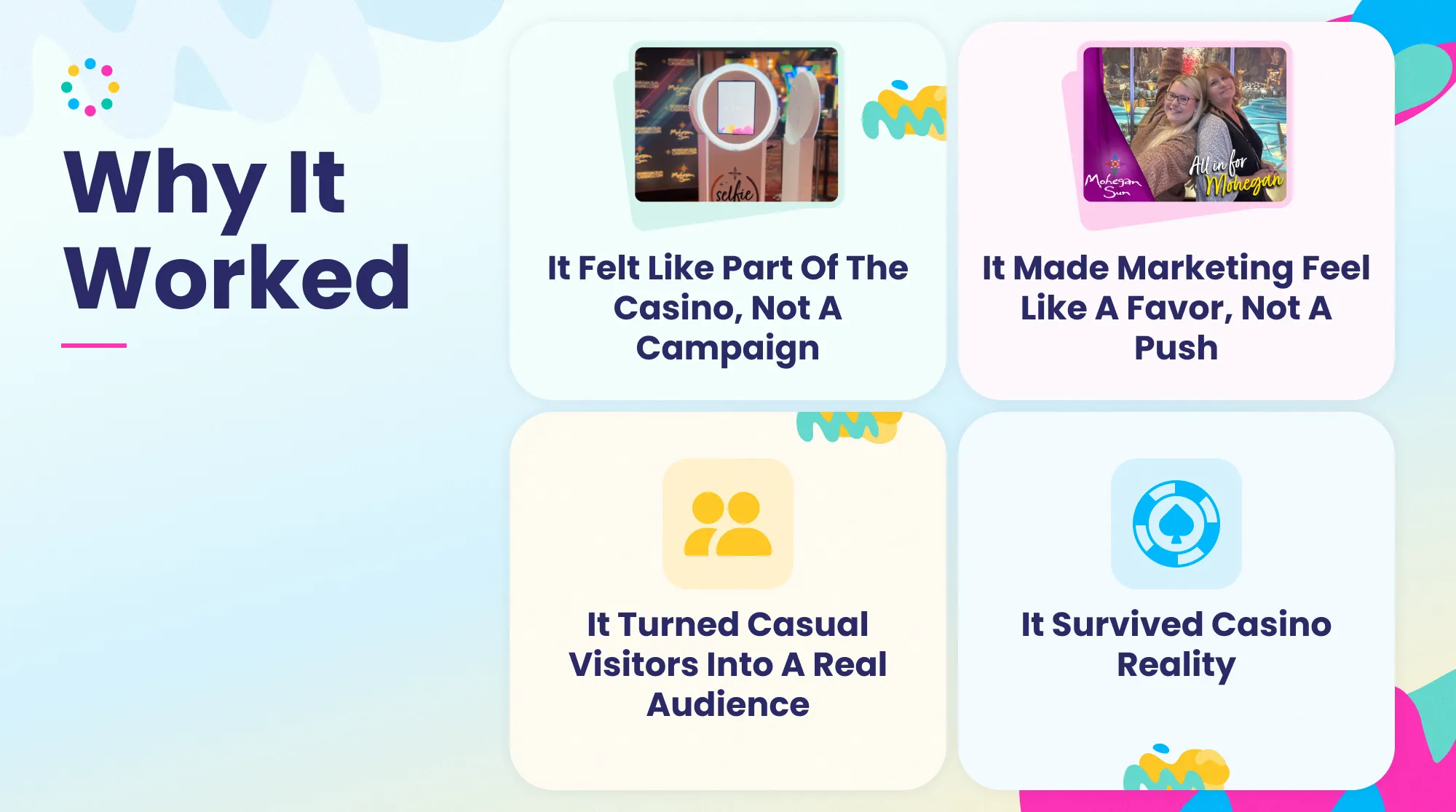 Infographic explaining how Mohegan Sun's permanent photo booth increased guest engagement, supported permission-based data capture, and operated reliably in a casino environment