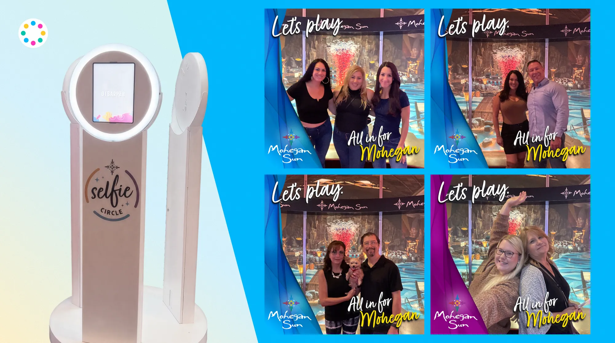 Creative showing Mohegan Sun's three-unit selfie circle photo booth setup with branded photo, GIF, and boomerang outputs