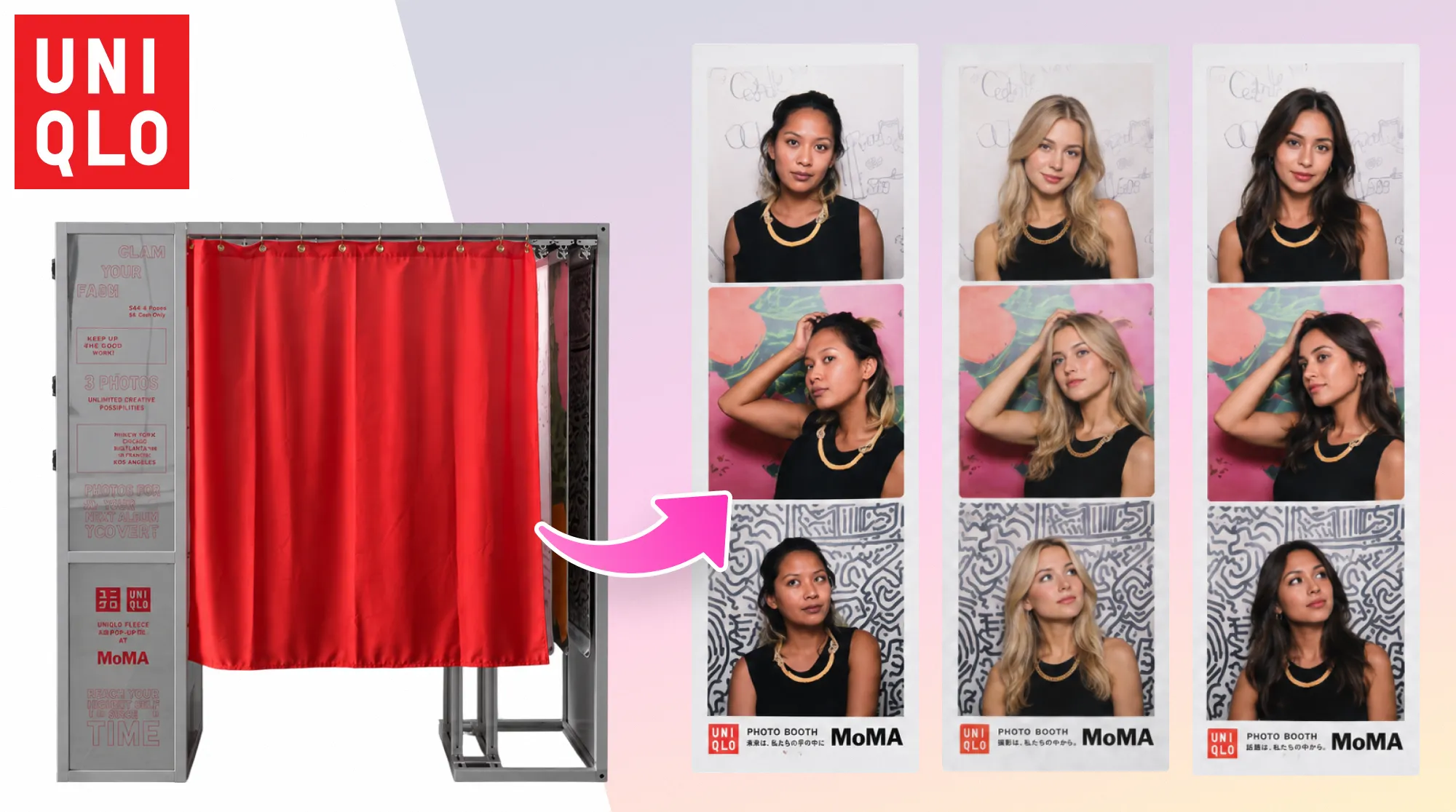Guest Photo Strips from the UNIQLO Photo Booth at MoMA UNIQLO and MoMA branded photo booth beside printed photo strips created by museum visitors