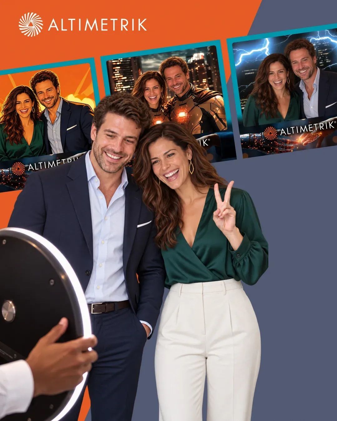 Custom-branded AI photo booth activation at the Money 20/20 finance and technology conference, with two attendees posing in front of a ring light beside their branded AI portraits
