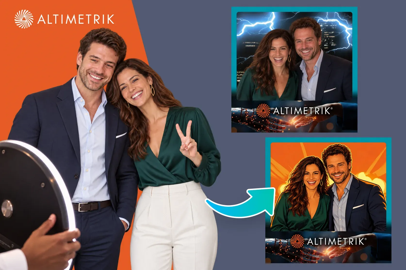 Before-and-after view of the Money 20/20 AI photo booth: attendees posing at the booth next to their AI-generated branded portraits