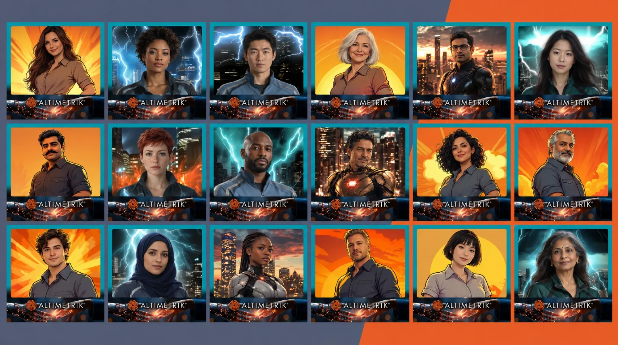 Grid of eighteen AI-generated branded portraits of Money 20/20 conference attendees in illustrated and cinematic styles