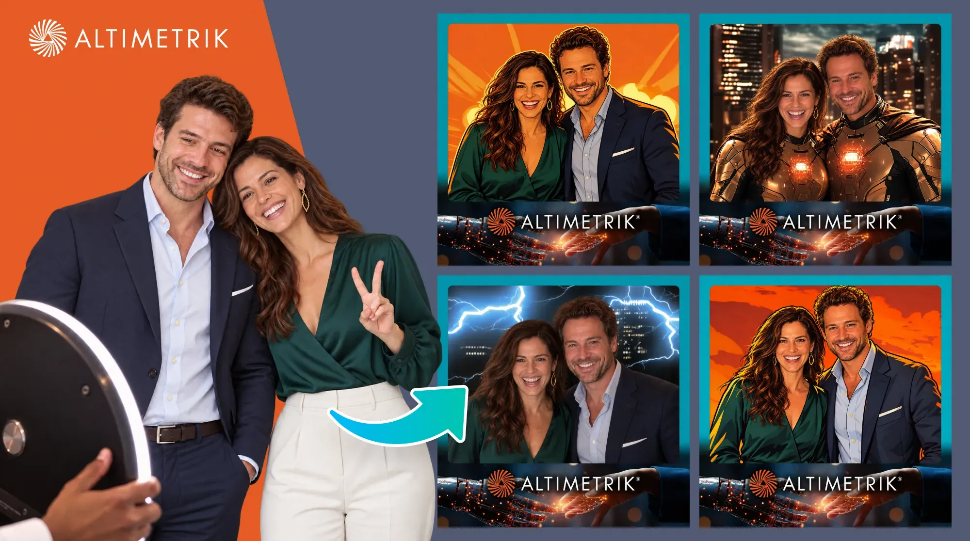 AI-generated photo booth portraits with custom visual effects created for the Money 20/20 conference, shown next to the original photo of the attendees