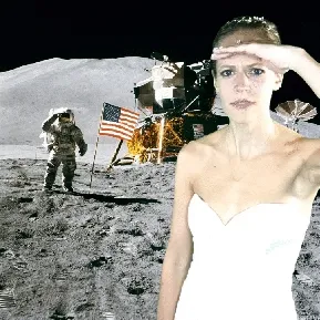 Moon Landing Green Screen Background Person in white dress standing beside astronaut with American flag on lunar surface