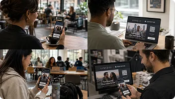 Digital Photo Access Across Devices Four people using different devices—smartphone, laptop, tablet, and camera—to access and share photos from an OutSnapped photo booth experience, demonstrating multi-platform digital marketing campaign reach.