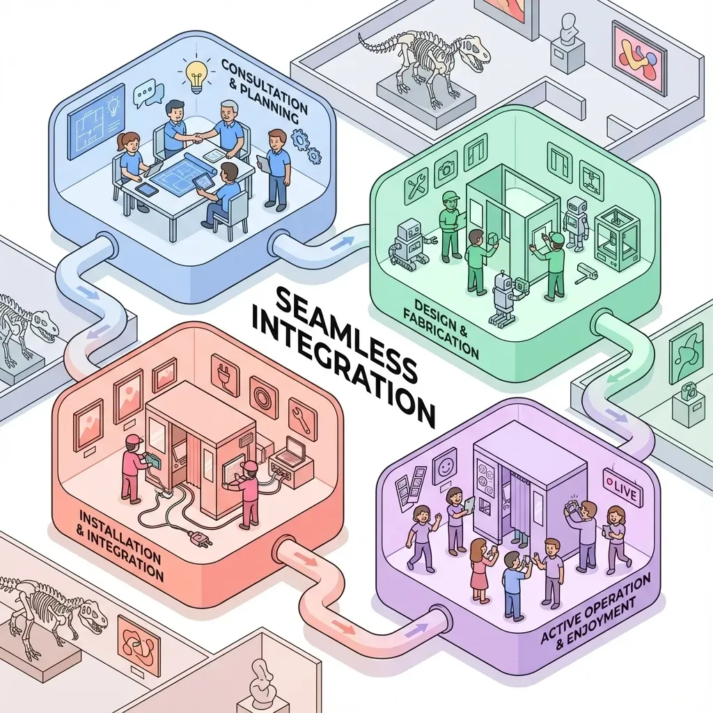 Museum photo booth partnership integration workflow Four isometric pods showing seamless integration process: consultation, design, installation, and active operation stages