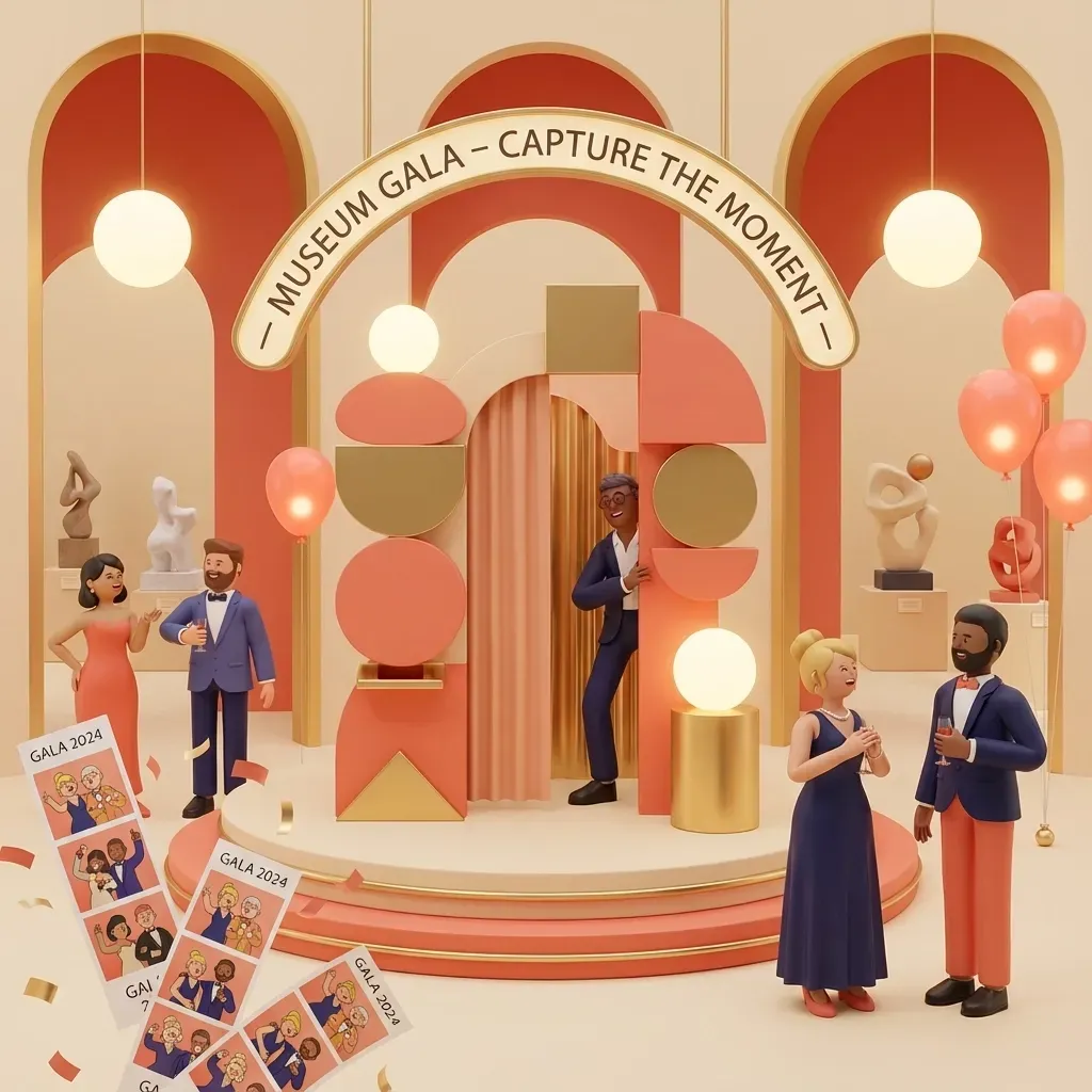Museum gala photo booth experience Museum gala venue with elegant red and gold archway installation featuring glowing orbs and geometric shapes, attendees in formal attire nearby, printed photo booth memories scattered on floor