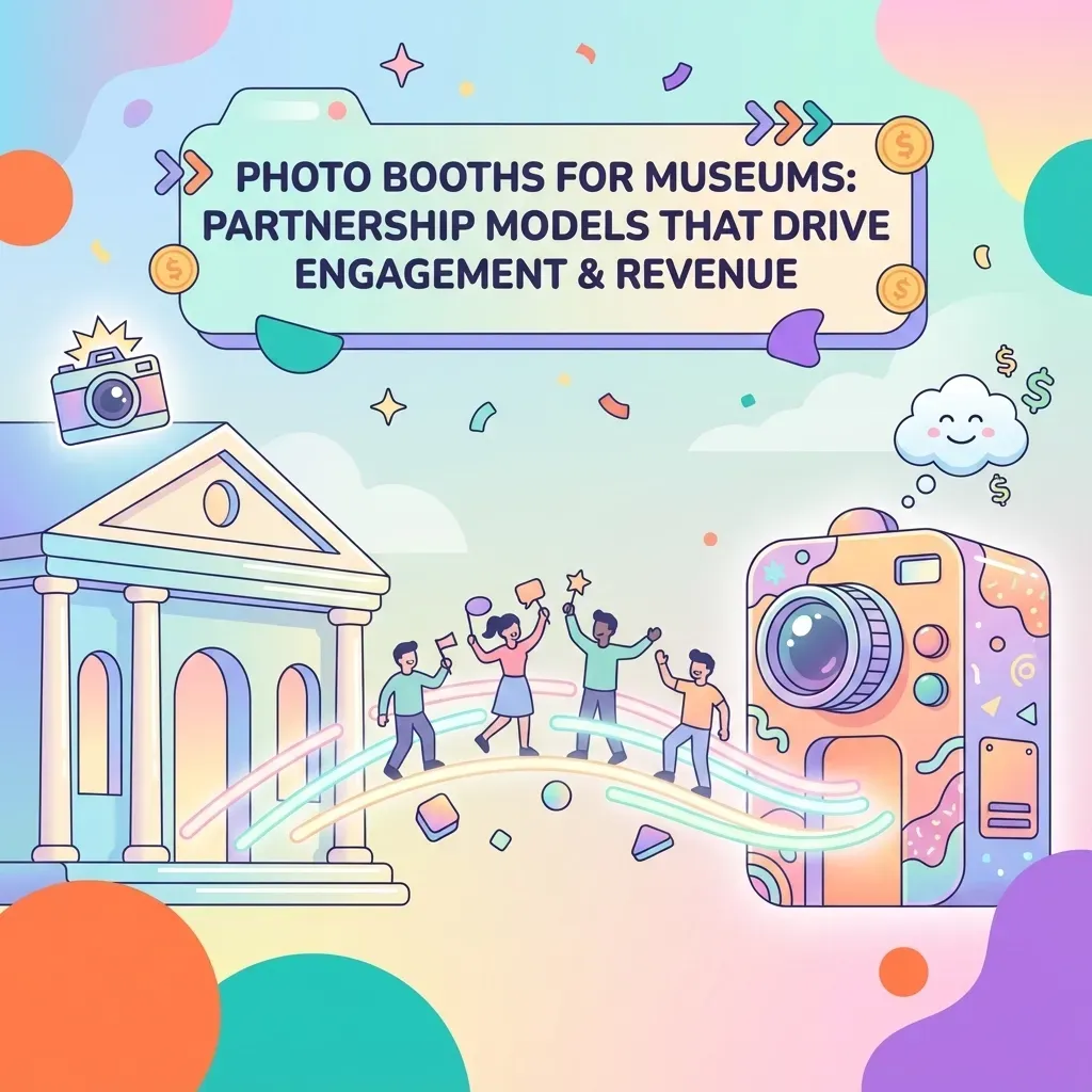 Museum Photo Booth Partnership Illustration Colorful illustration featuring a classical museum building with columns on the left, diverse visitors celebrating in the center, and a vibrant photo booth on the right, surrounded by playful geometric shapes and icons
