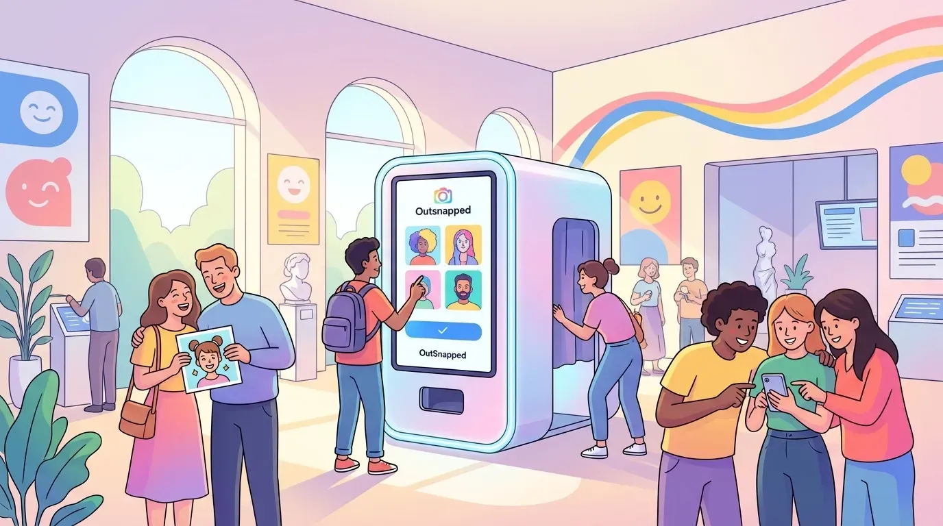 Museum Visitors Using OutSnapped Photo Booth Illustration of diverse visitors using an interactive photo booth in a museum gallery with colorful wavy wall art, arched windows, and display screens showing photos.