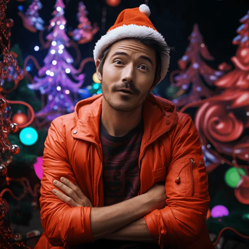 Man in Santa hat and red jacket in forest of neon-glowing Christmas trees with colorful bokeh lights