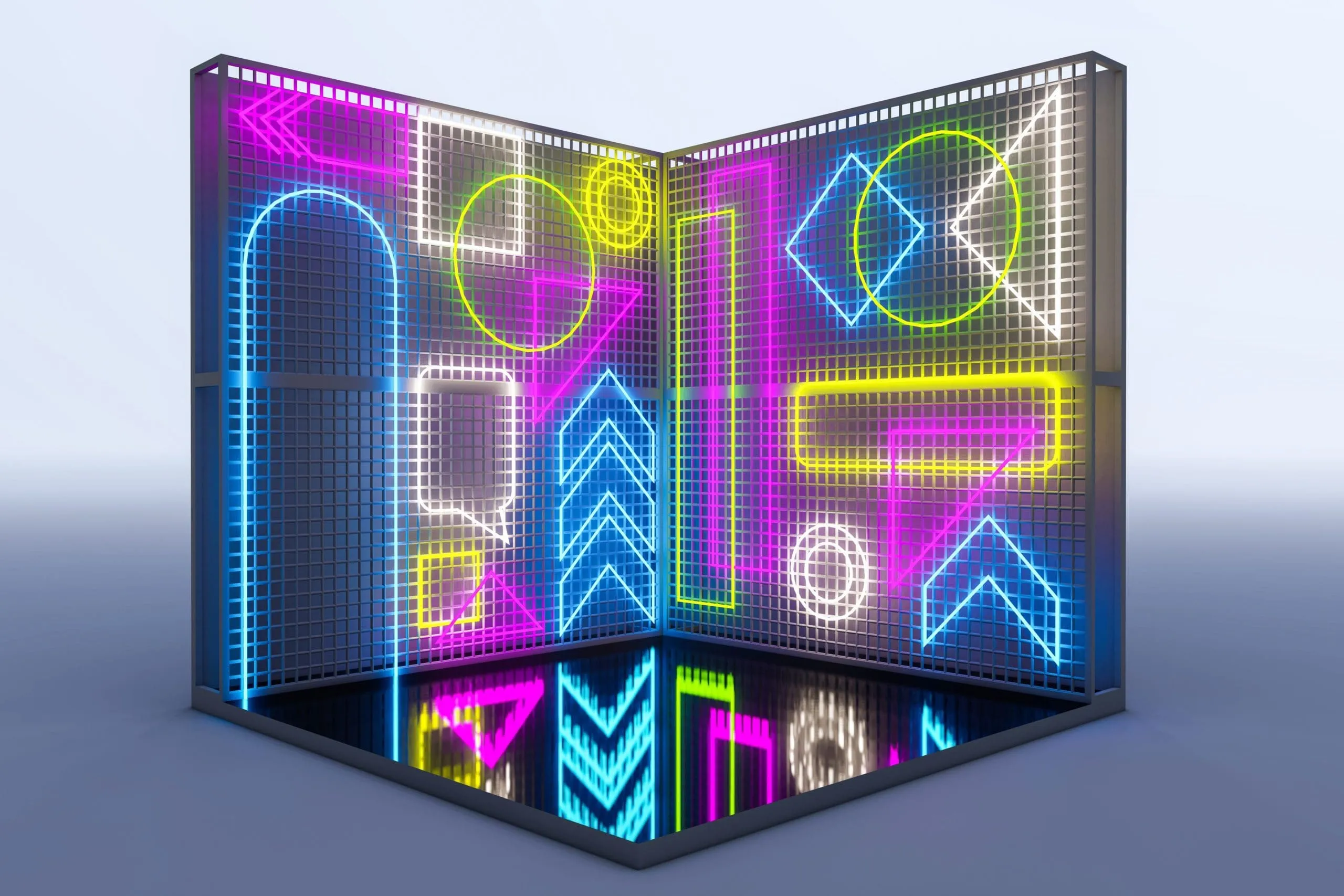 Colorful Neon LED Photo Booth Backdrop Corner view of neon LED photo booth backdrop with vibrant magenta, cyan, yellow, and green geometric patterns and glowing lines on mesh paneling