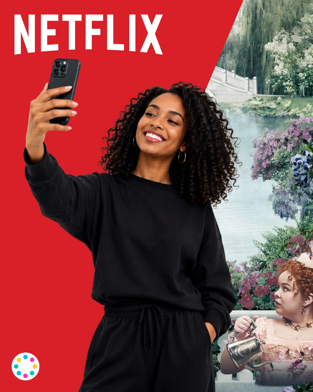 Netflix Bridgerton Virtual Photo Booth Activation | OutSnapped Case Study Participant using a mobile-first virtual photo booth on their smartphone with Netflix Bridgerton branding displayed in the background