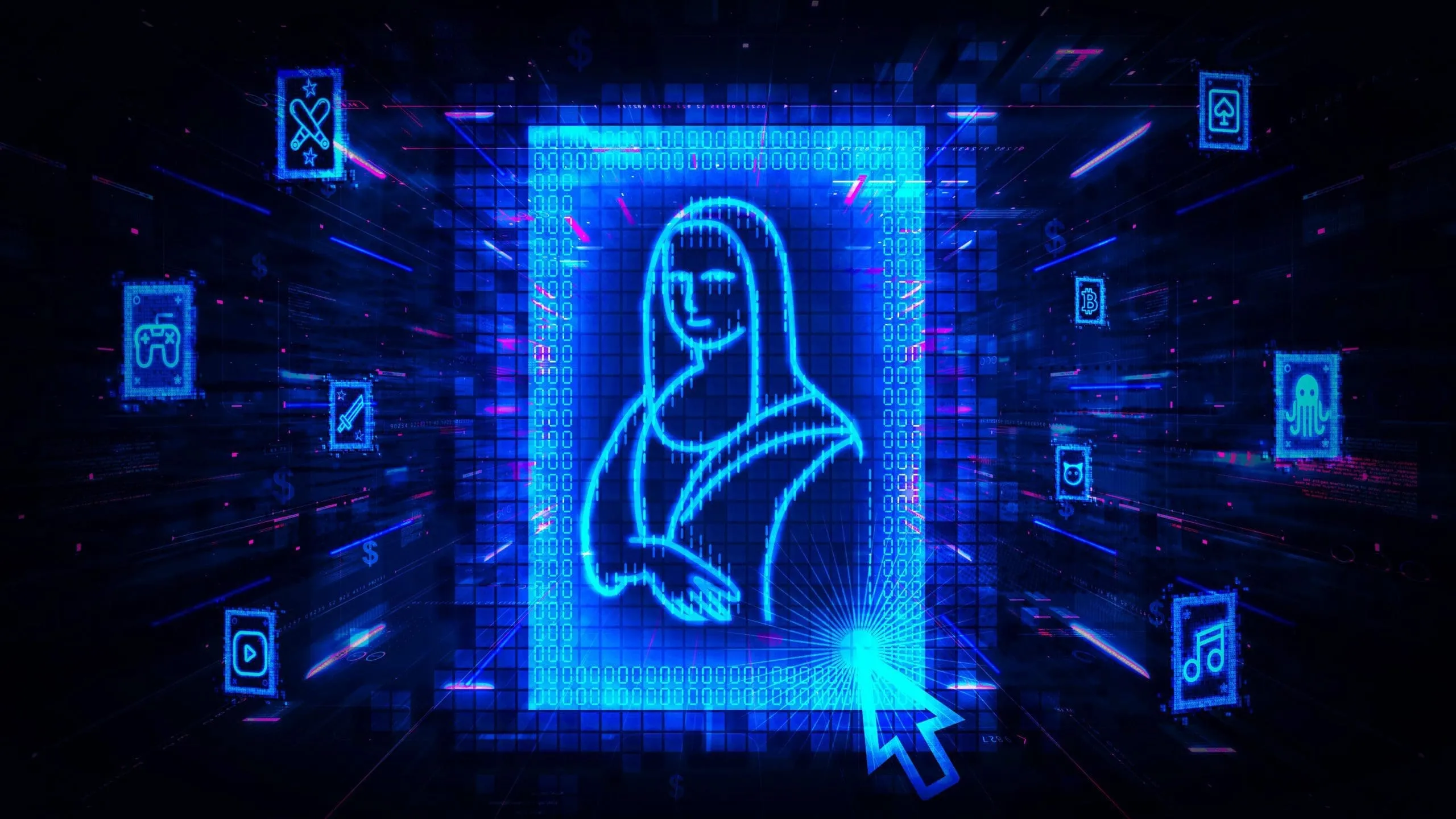 Neon blue digital illustration of person surrounded by blockchain and NFT technology icons