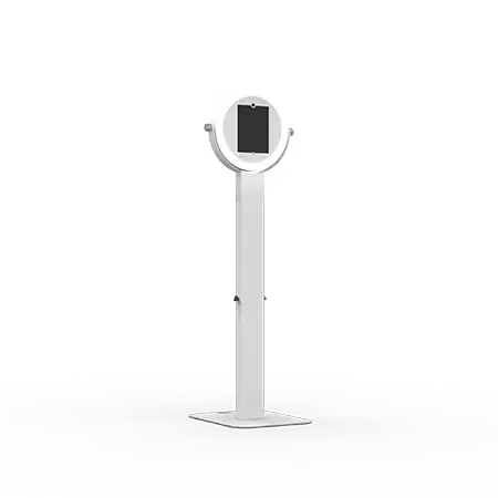 White stand-mounted tablet kiosk with adjustable phone holder on top, displaying blank screen