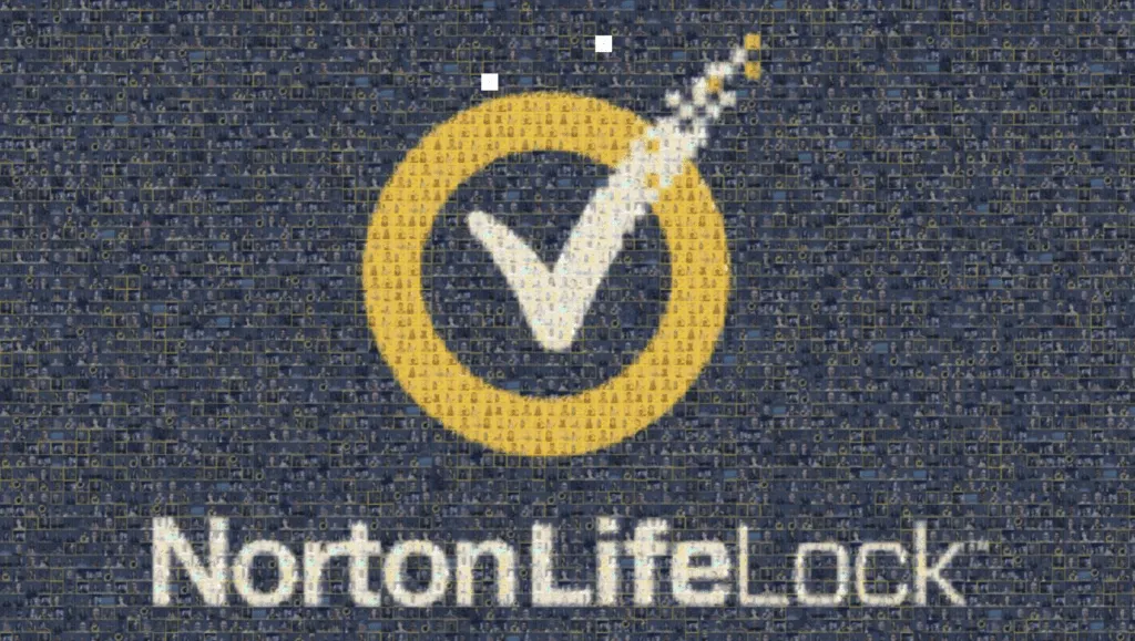 Norton LifeLock Virtual Mosaic Logo Display NortonLifeLock logo with checkmark and wand icon on pixelated background