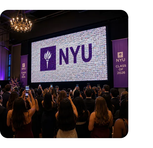 NYU Class of 2026 graduation event with large purple NYU logo display, attendees in formal attire, crystal chandelier, and purple accent lighting