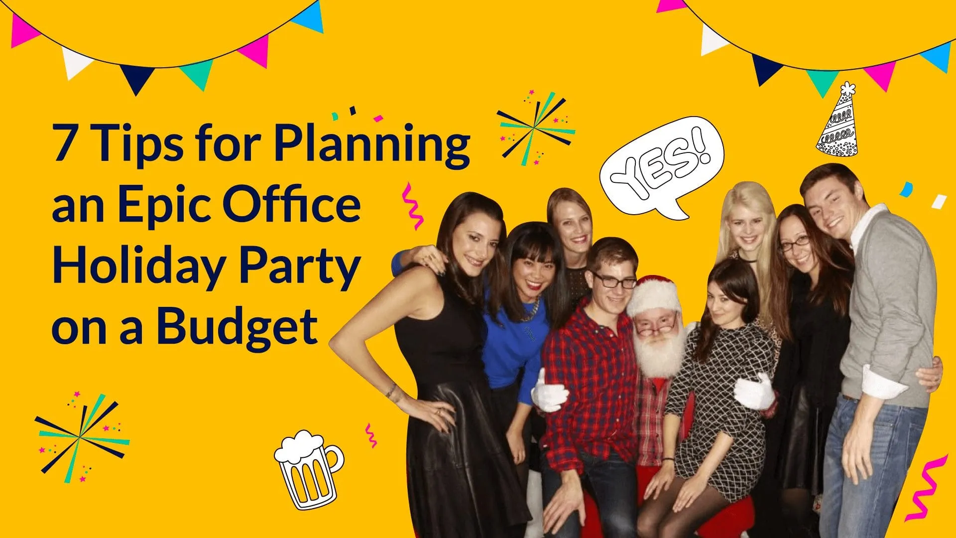 Group of diverse office employees celebrating together with festive decorations and speech bubbles on bright yellow background