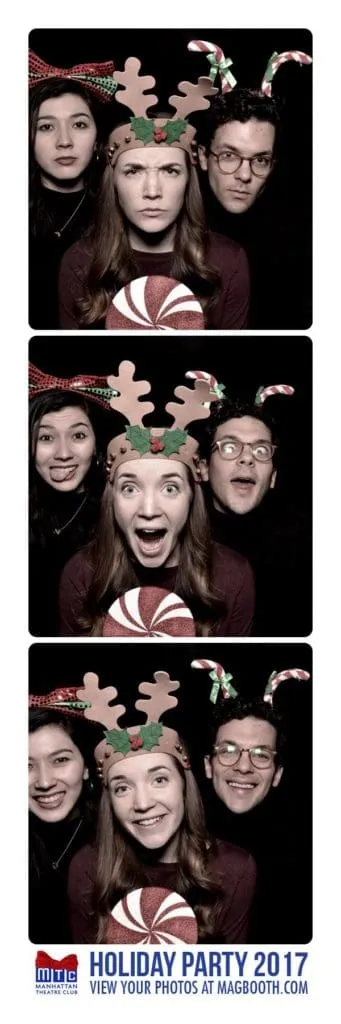 Three people in holiday-themed photo booth strips wearing festive accessories including reindeer antlers and candy cane props, displaying animated expressions across three sequential frames