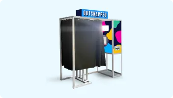 360-Degree Photo Booth with Abstract Design OutSnapped 360 video booth with wraparound LED screens showing colorful graphics, silver metal frame, and blue branding header for corporate event rentals
