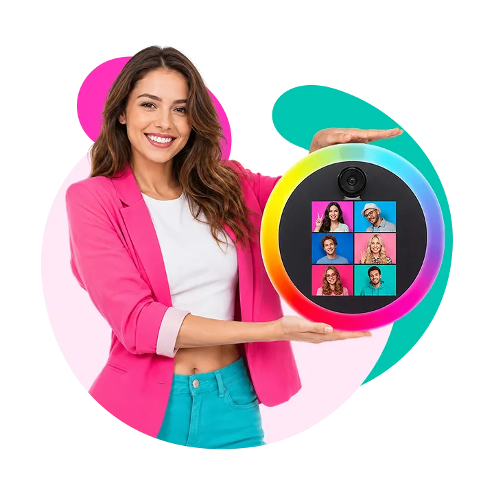 FotoRover 360-degree photo booth product Woman in pink blazer presenting a circular 360 video booth camera displaying six smiling guests in a colorful grid layout