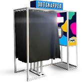 OutSnapped 360 video booth with black interior enclosure, colorful digital display screen, and branded signage
