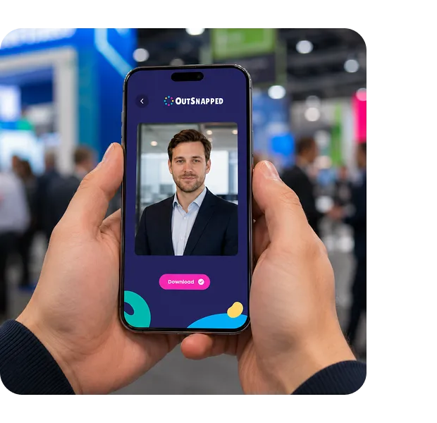 OutSnapped Mobile App Photo Delivery Experience OutSnapped app displaying AI-generated professional headshot of man in blue shirt on smartphone screen at brand activation event, with Download button visible