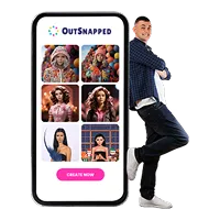Man in dark suit leaning against oversized smartphone displaying OutSnapped app interface with guest photo grid and purple booking button