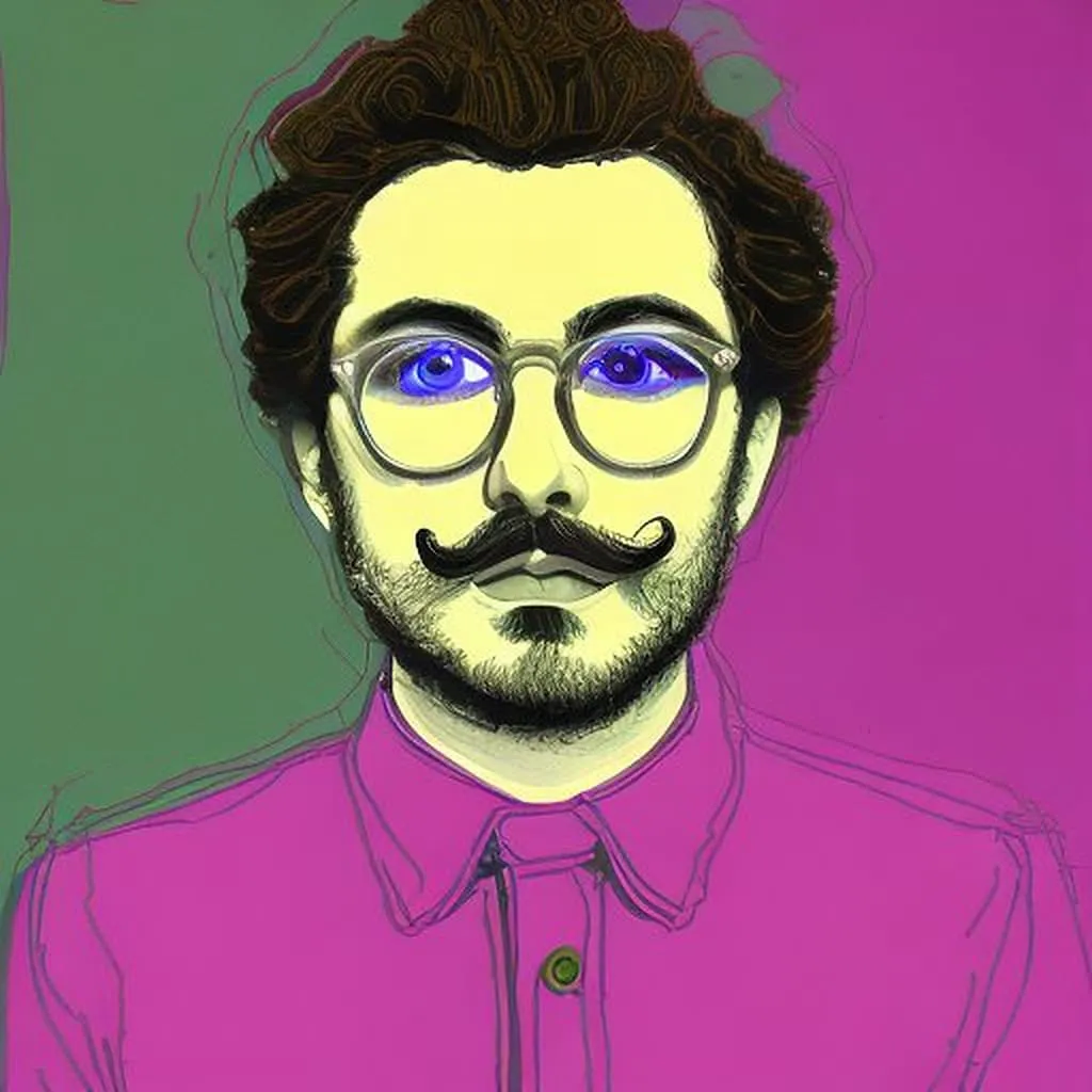 Minimalist AI Portrait Stylized portrait with vibrant pop-art effect showing person with dark wavy hair, round glasses, and distinctive mustache against green-to-magenta gradient background