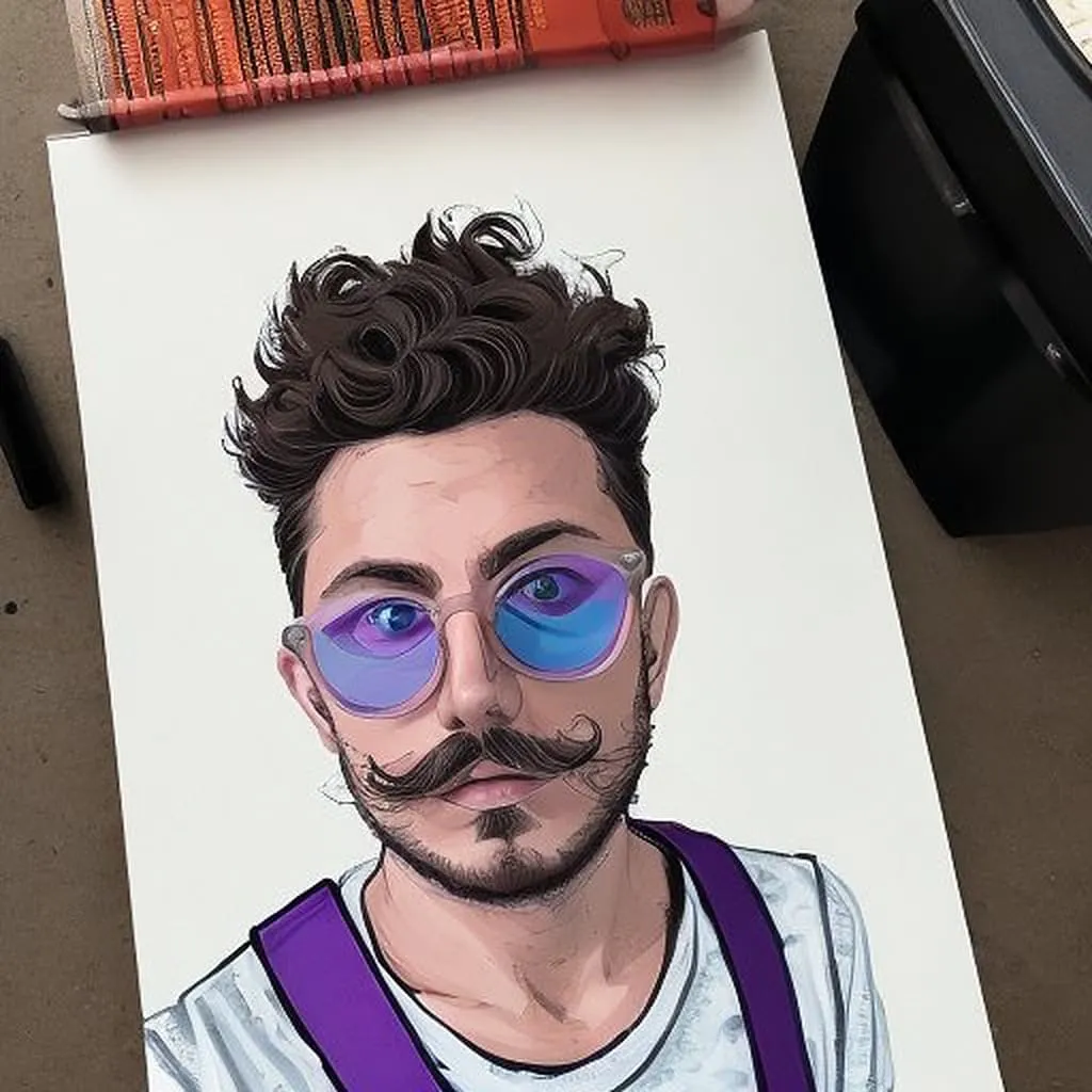 AI portrait — sketchbook illustration style AI-generated portrait of a man with voluminous dark hair, purple-tinted gradient sunglasses, and a styled mustache, wearing a purple and white shirt, created by OutSnapped's SnapShift AI photo booth.
