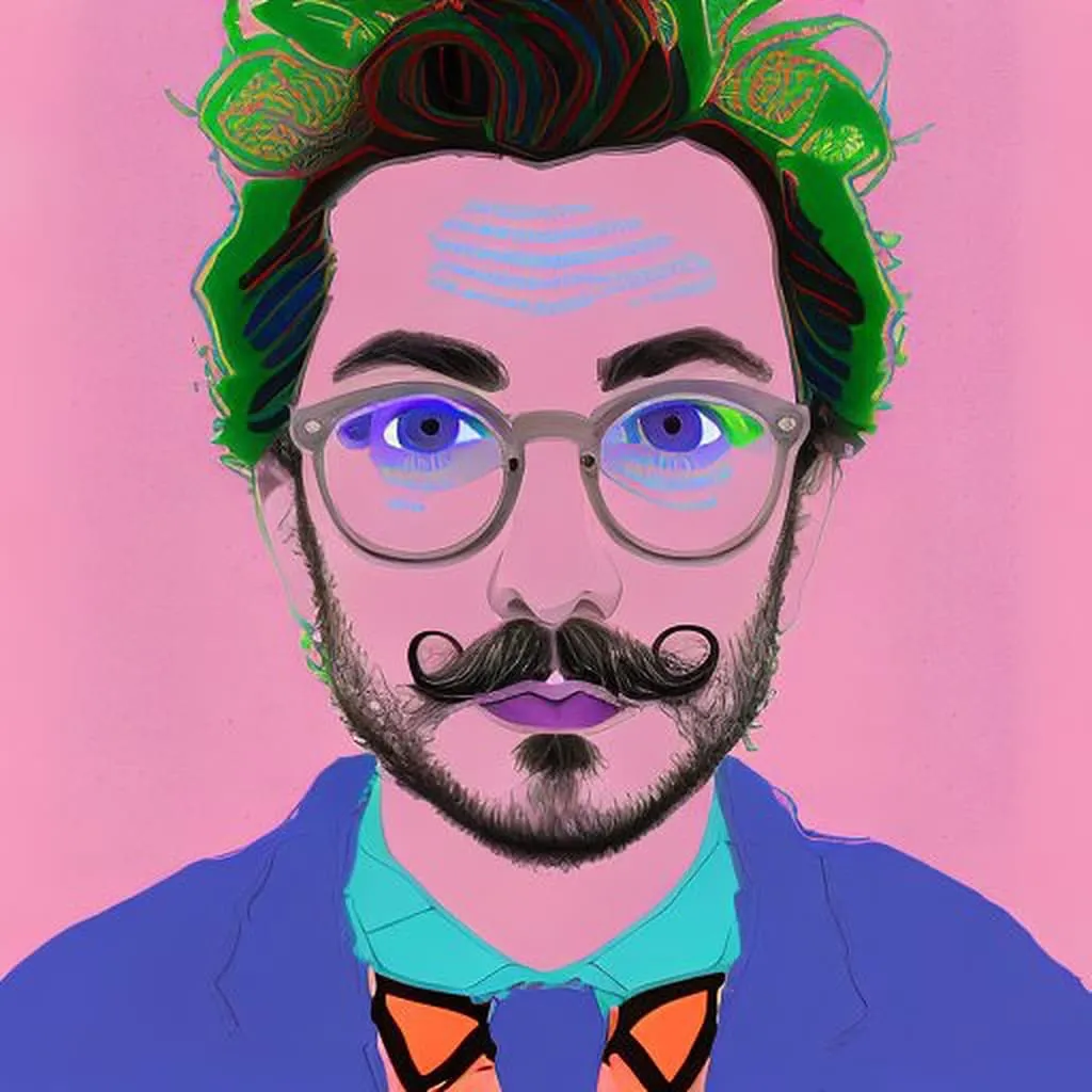 Neon Pop-Art Green Hair Portrait AI-generated stylized portrait with bright blue eyes, neon green hair accents, rounded glasses, and decorative mustache against pink background