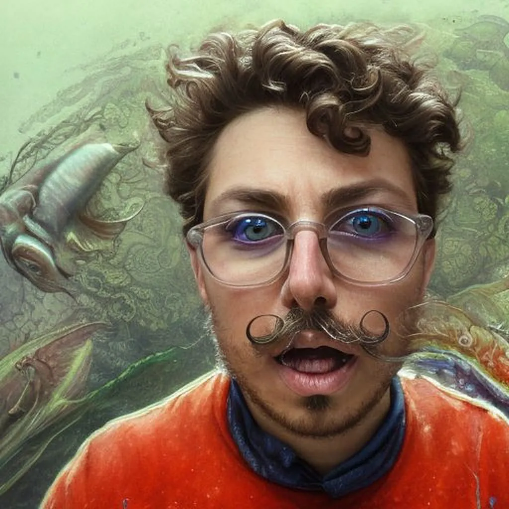 Classical Renaissance Portrait Person wearing glasses with curled mustache and orange shirt, digitally enhanced with surreal aquatic background created by OutSnapped AI photo booth.