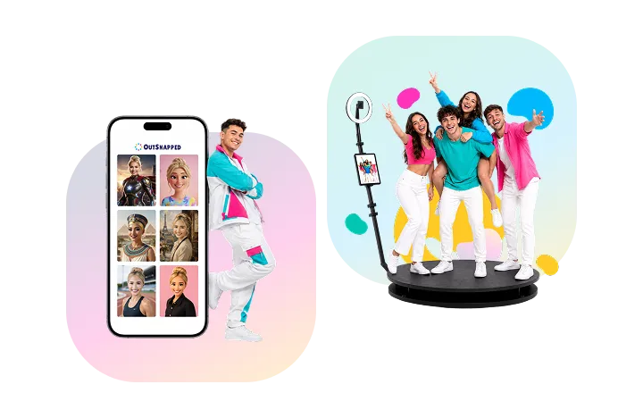 OutSnapped mobile app displaying photo booth gallery on smartphone, paired with guests using 360 video booth with colorful props and dynamic poses