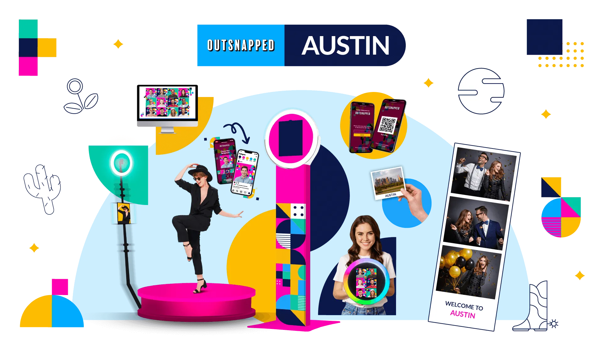 OutSnapped Austin photo booth rental showcase featuring colorful AI and open-air booths with guests enjoying props and instant prints at an event