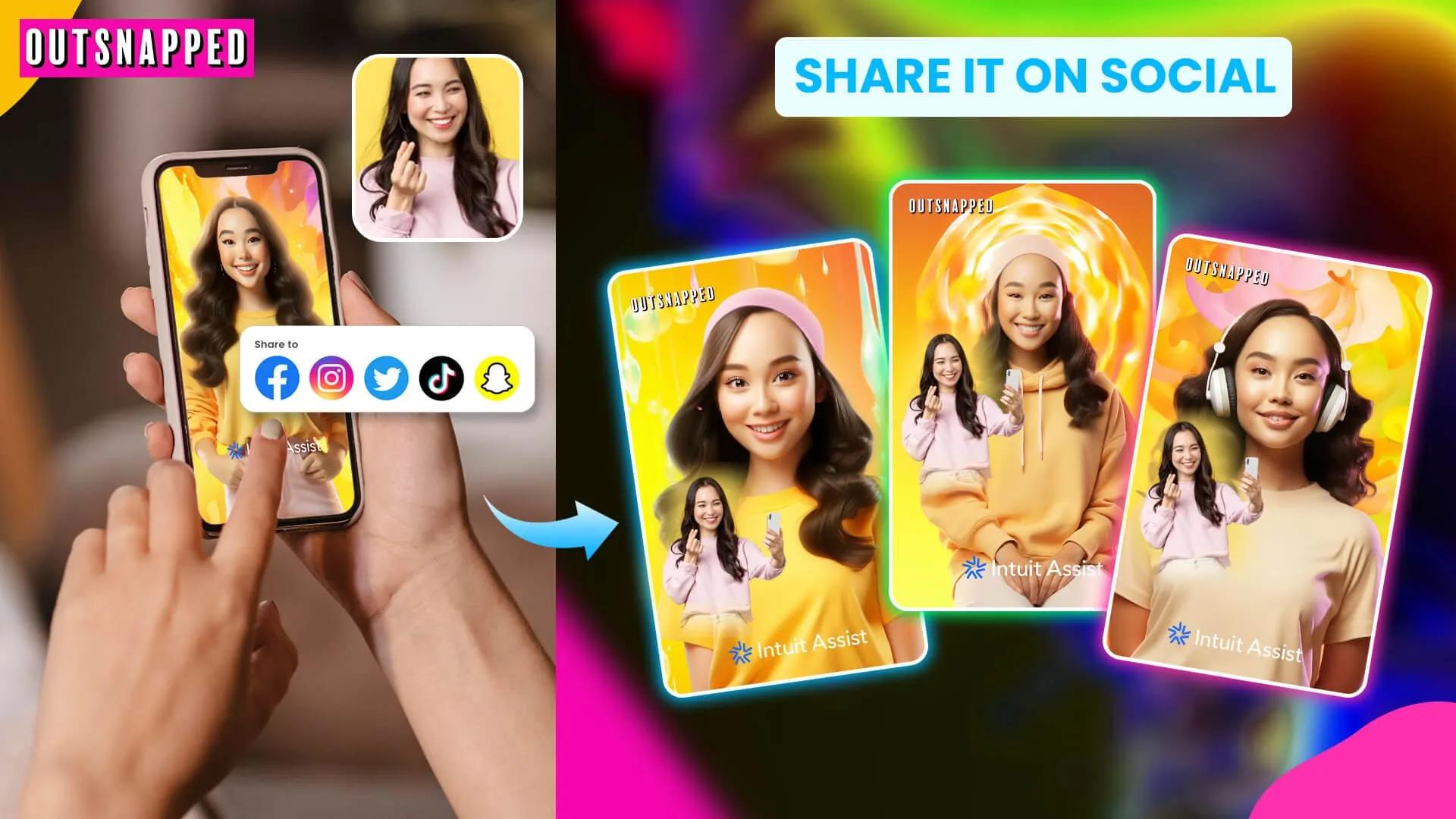 Multi-Platform Social Sharing Experience OutSnapped AI photo booth social sharing interface showing a phone displaying captured photos with social media icons, and multiple colorful photo cards with gradient backgrounds ready to share on Facebook, Instagram, Twitter, TikTok, and Snapchat.