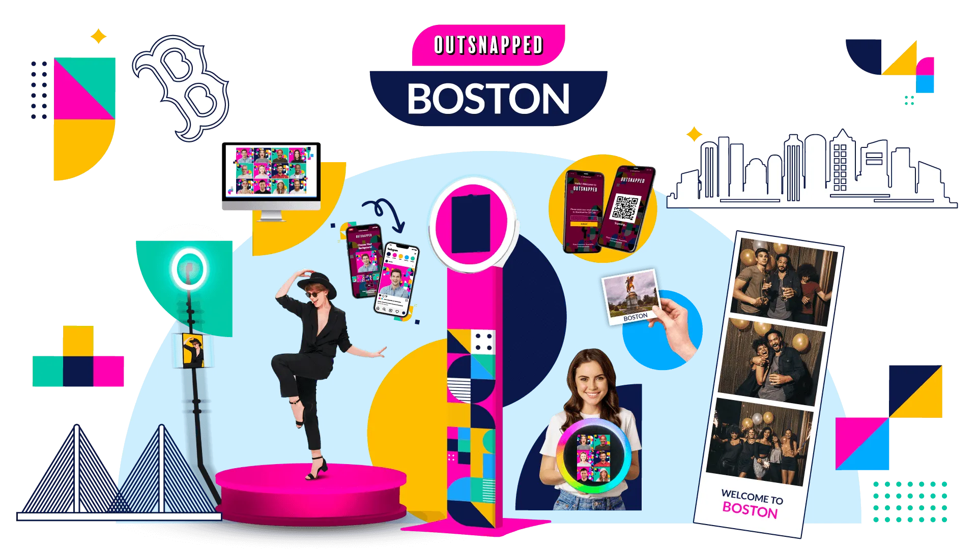 OutSnapped photo booth rental showcase for Boston featuring colorful branded booth designs, event photos, and the city skyline