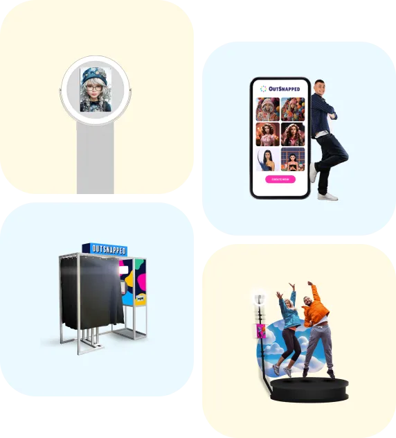 OutSnapped Photo Booth Event Solutions OutSnapped photo booth experiences: ring light mirror, mobile gallery app, branded booth, and guests jumping on activation