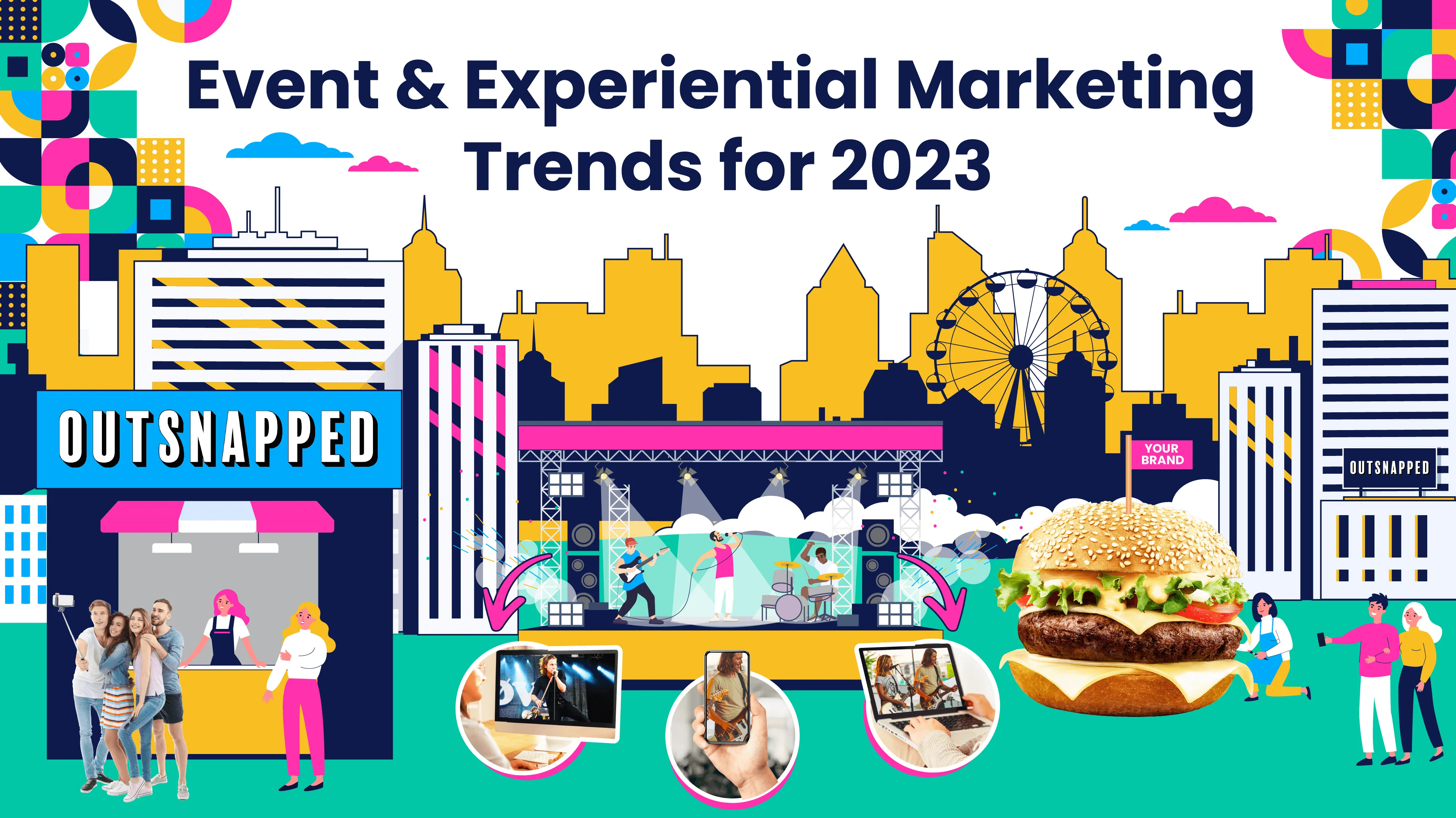 Event and experiential marketing trends 2023 OutSnapped photo booth at urban event with city skyline, displaying guest photos on screen and oversized burger prop, surrounded by attendees in colorful illustration style