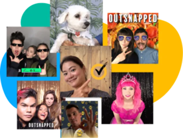 Collage of photo booth guests enjoying OutSnapped rentals, featuring diverse groups laughing, posing with props, and smiling at various events