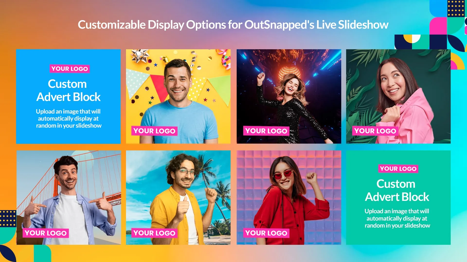 OutSnapped live slideshow display grid showing customizable photo layouts with guest portraits, colorful branded backgrounds, and custom logo placement options for events