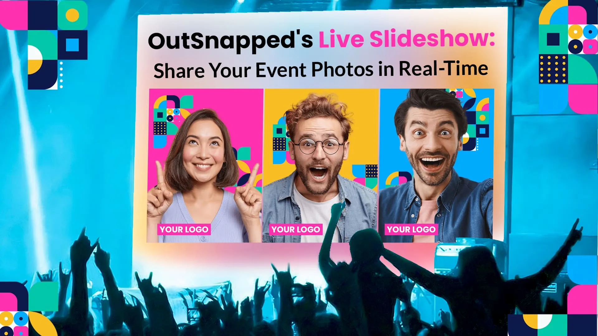 OutSnapped's Live Slideshow feature displaying three event attendees' photos on a large screen above a silhouetted crowd with raised hands at a live event