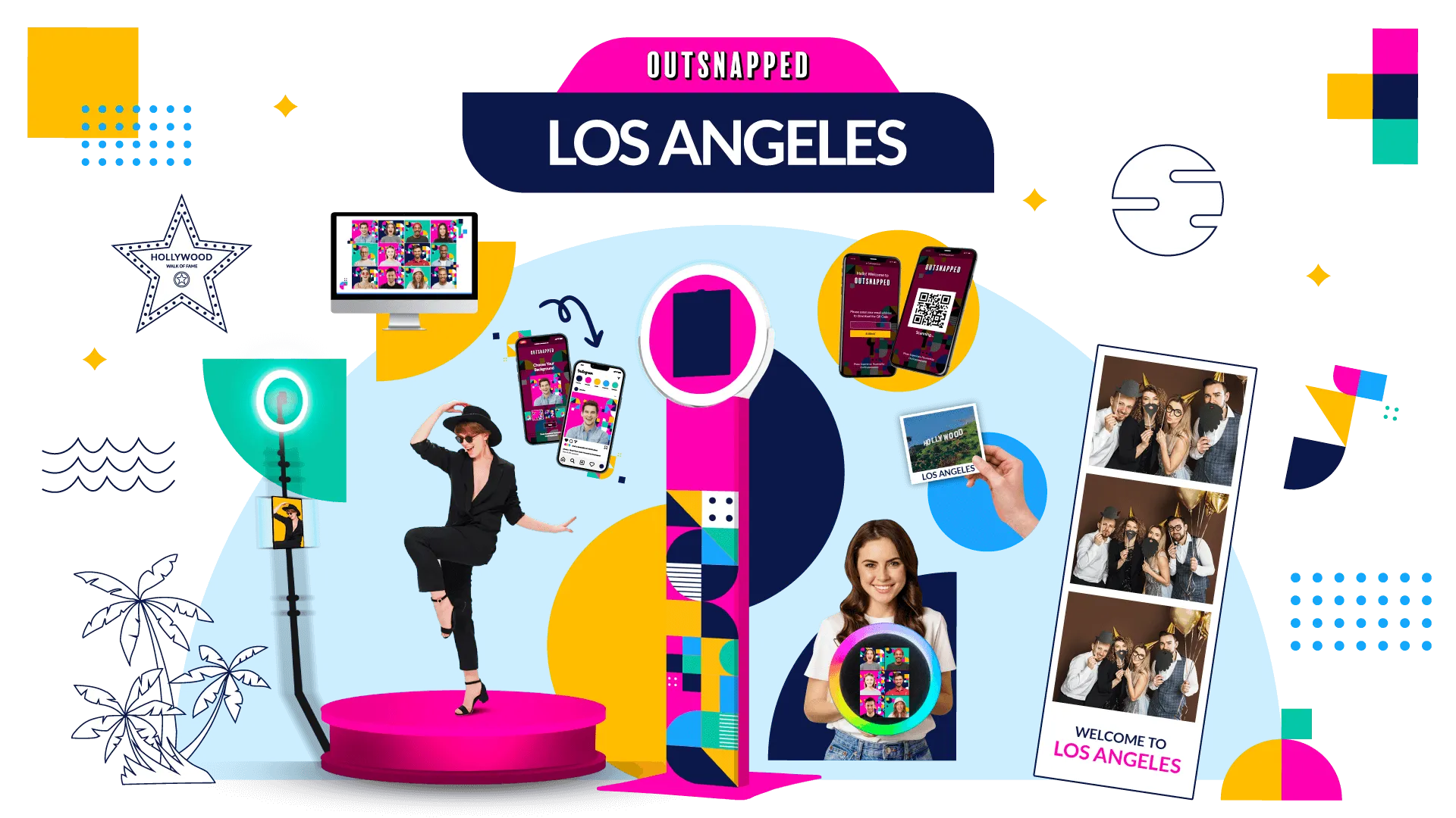OutSnapped photo booth rental scene featuring colorful AI and 360 video booths with guests enjoying Los Angeles event photography