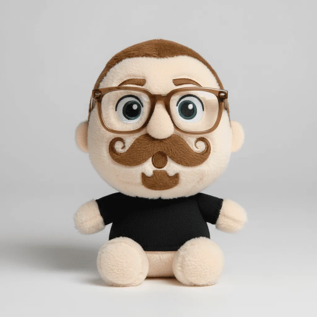 Mascot Character – Friendly Brand Ambassador Plush mascot character with brown hair, glasses, and curly mustache wearing black shirt